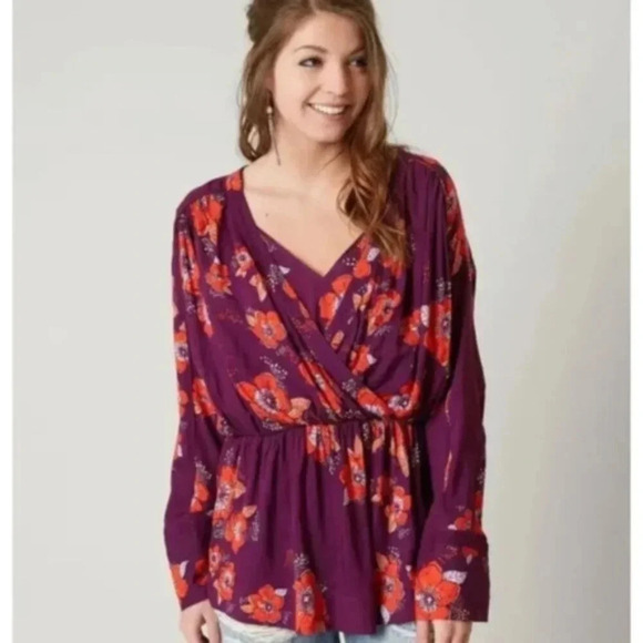 Free People Tops - Free People Tuscan Dreams Purple Floral Long Sleeve Tunic Blouse Top